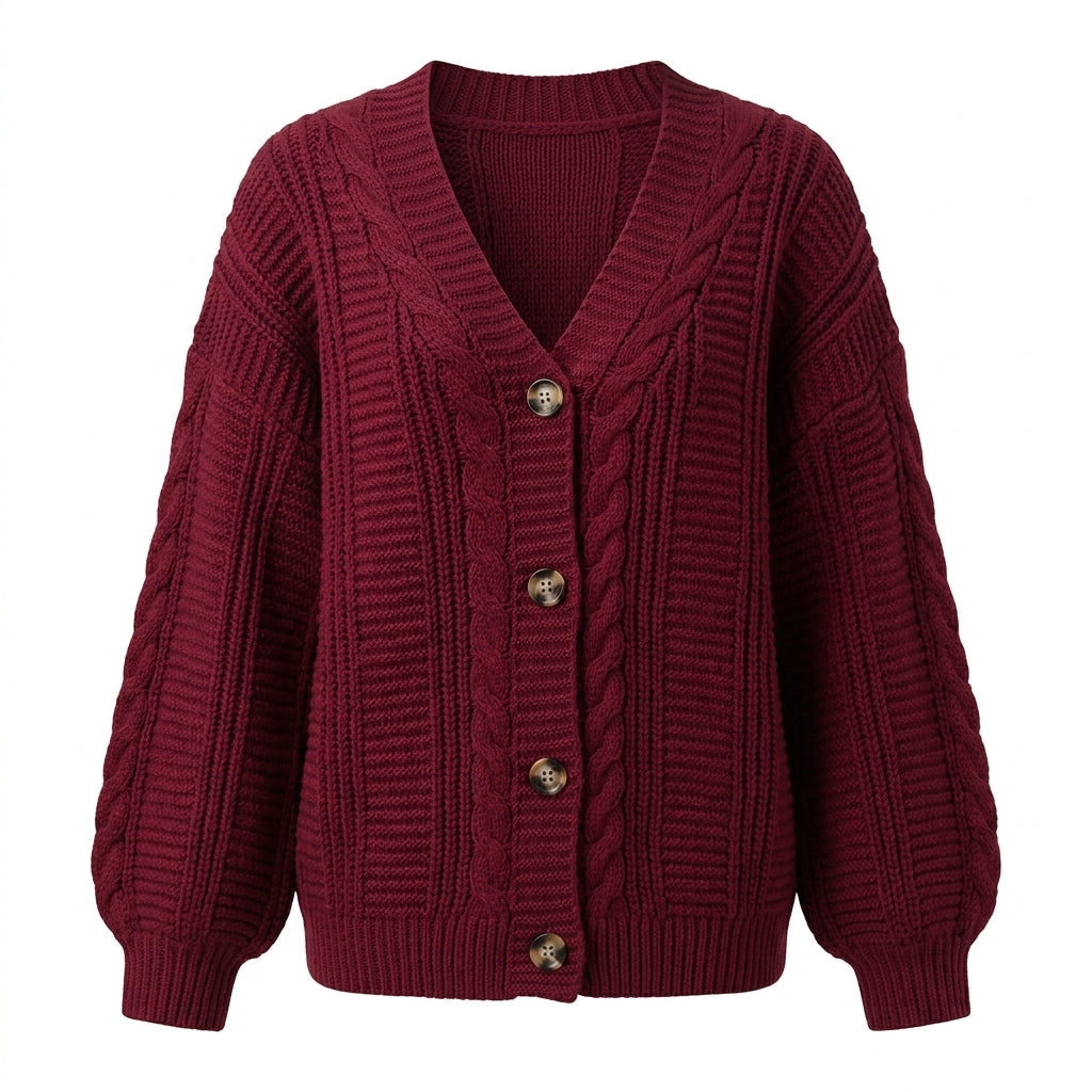 Women's Oversized Cable Knit Cardigan – Button Front with Balloon Sleeves - We are MFEO