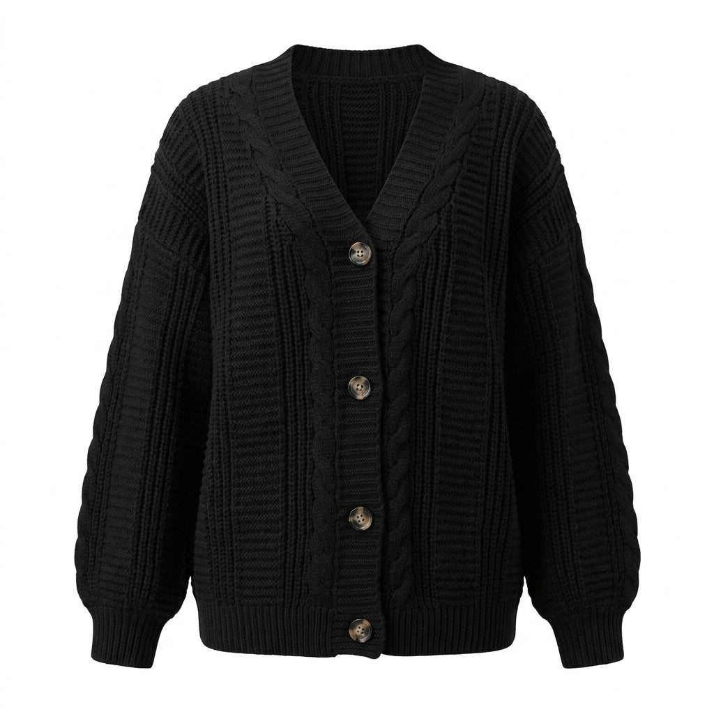 Women's Oversized Cable Knit Cardigan – Button Front with Balloon Sleeves - We are MFEO