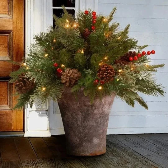 Artificial Christmas Urn Filler with LED Lights – Realistic Evergreen Branches and Timer 0