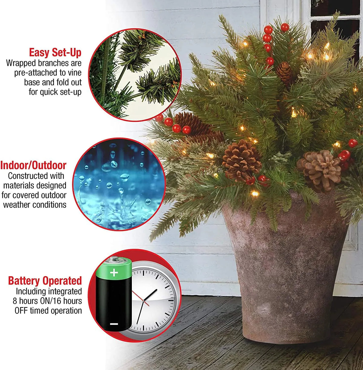 Artificial Christmas Urn Filler with LED Lights – Realistic Evergreen Branches and Timer 5