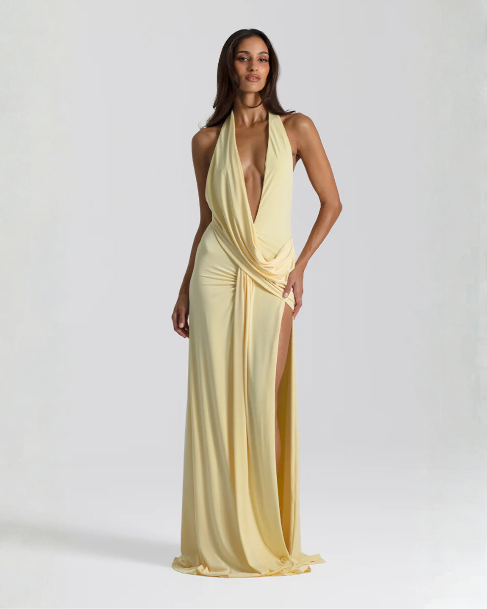 Backless Satin Evening Dress for Women – Halter Neck, High Side Split, Formal Gown 0