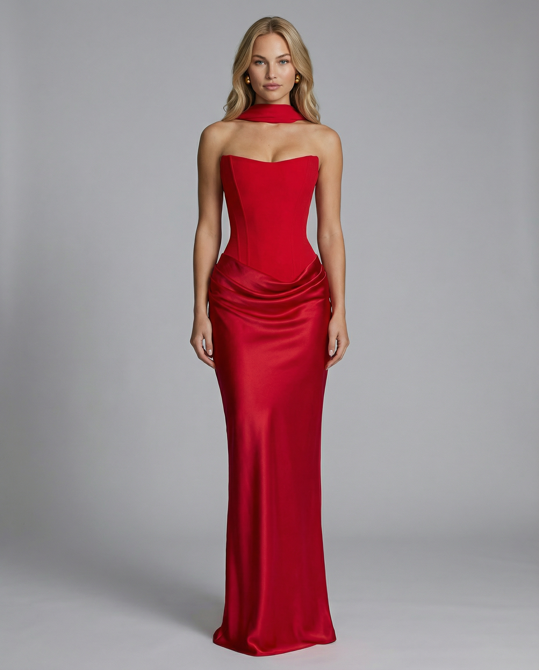Black Maxi Dress with Sleeves – Satin Corset Design and Draped Skirt for Women 7