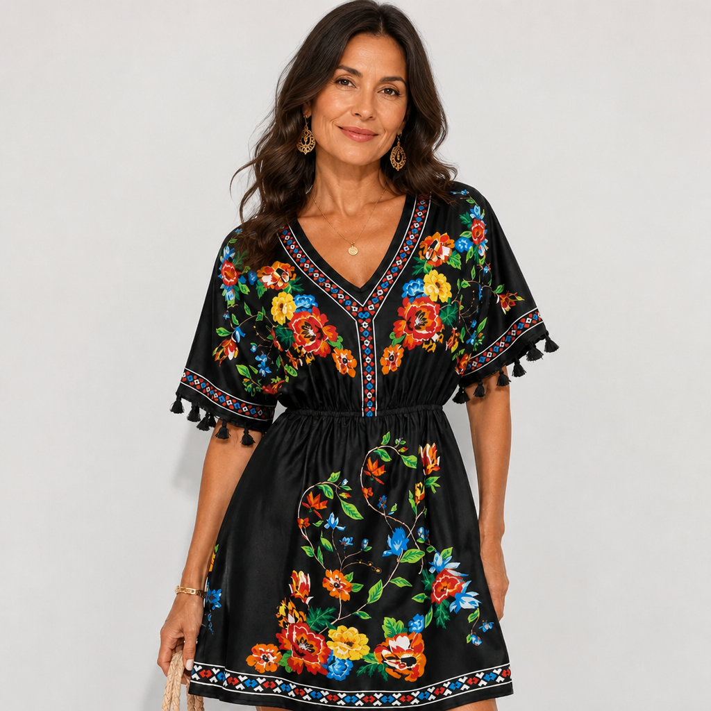 Boho Floral Mini Summer Dress with Tassel Sleeves and Elastic Waist