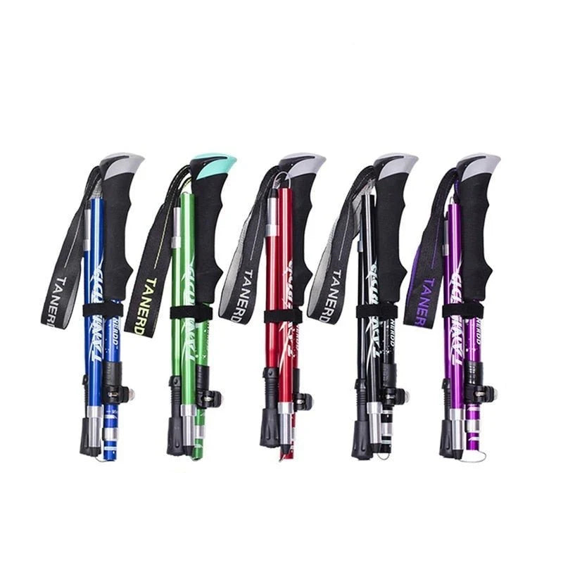 Five collapsible hiking poles in blue, green, red, black, and purple, displayed side-by-side against a white background.