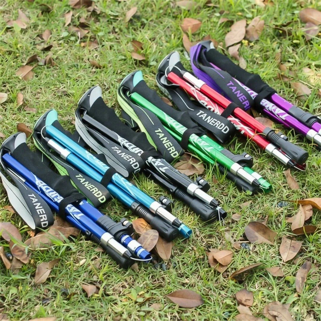 A set of colourful, foldable trekking poles laid out on a grassy lawn with scattered autumn leaves.