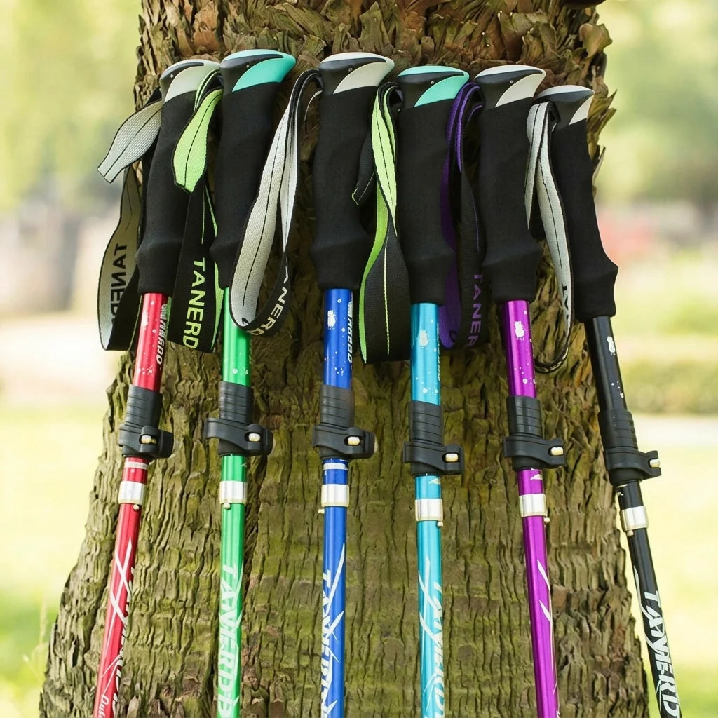 A row of six colourful adjustable trekking poles leaning against a textured tree trunk in a park setting.