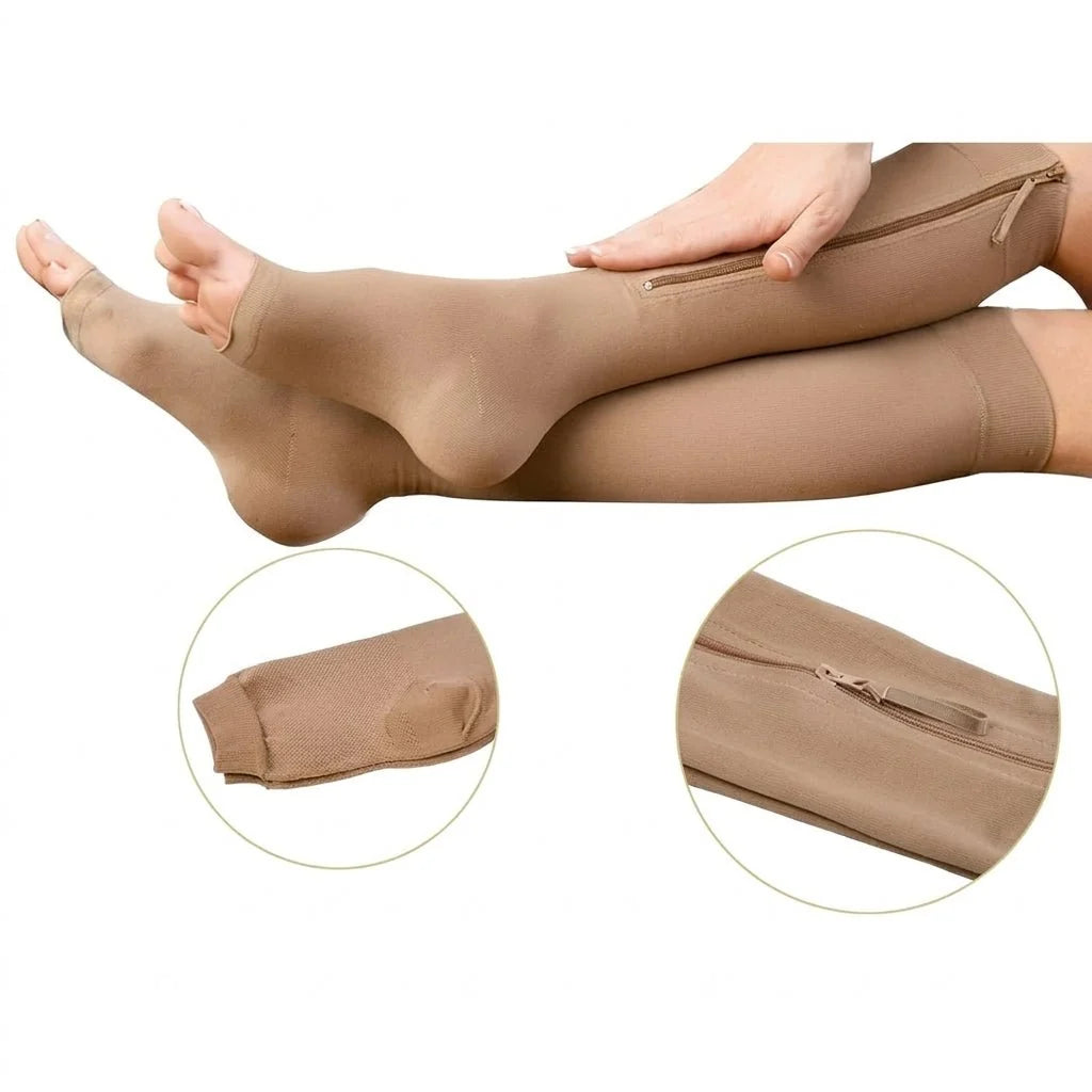 A pair of beige open-toe compression socks with a side zipper, shown on legs and in close-up detail shots.