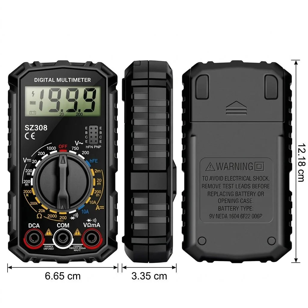 A digital multimeter shown from the front, side, and back, with dimensions of 12.18 cm by 6.65 cm by 3.35 cm.