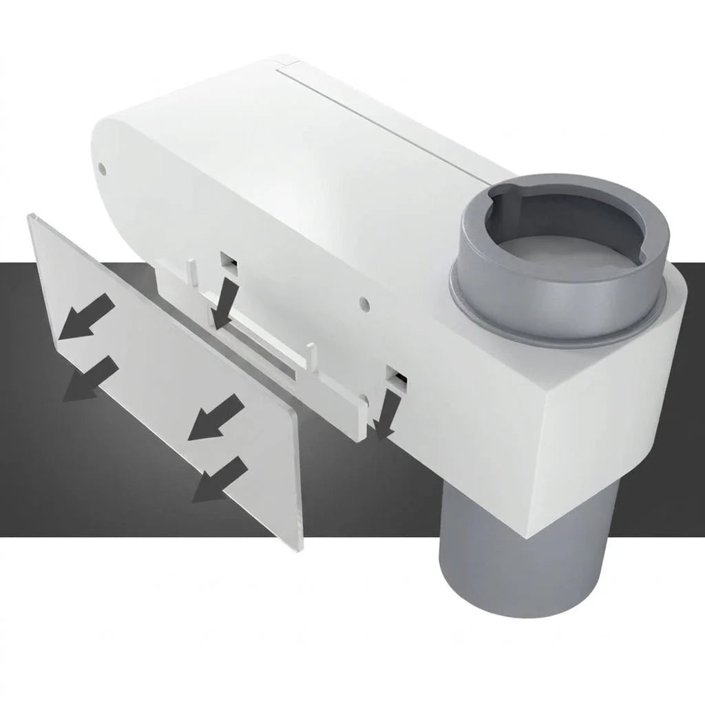 A white wall-mounted toothbrush holder component with a grey cylindrical toothpaste dispenser being assembled.