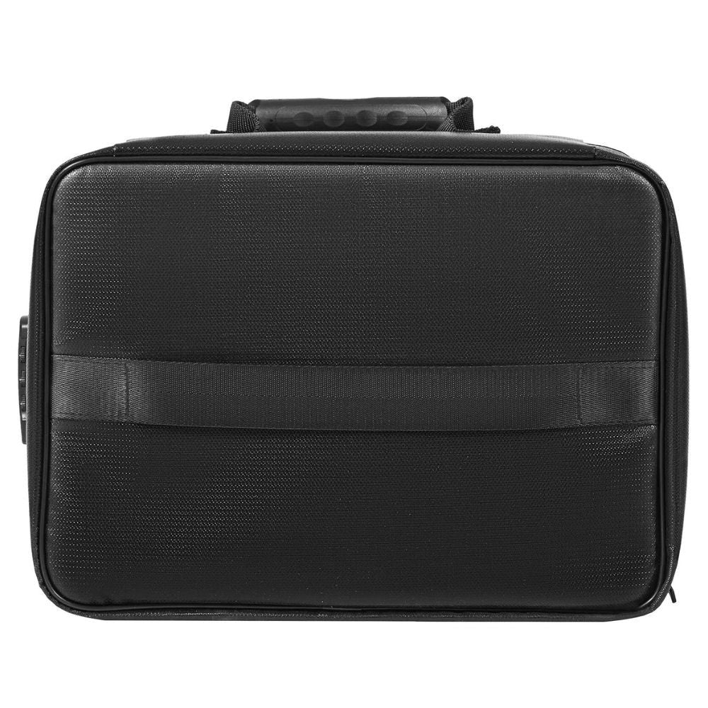 A black, rectangular fireproof and waterproof document bag with a combination lock and a sturdy top handle.