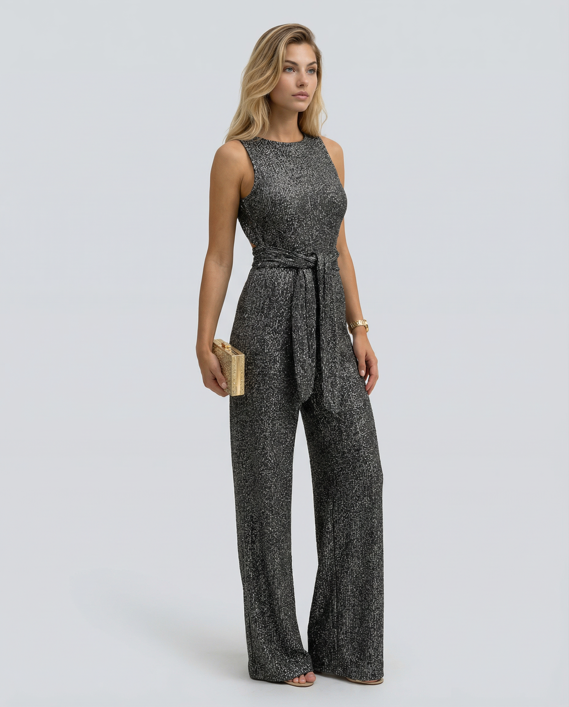 Gold Sequin Evening Jumpsuit for Women – Wide Leg Design with Waist Tie for Formal Wear 8