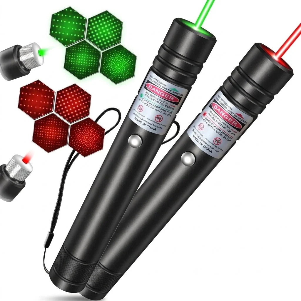 Two laser pointers, one green and one red, shown with their respective beam patterns and starry sky projection attachments.