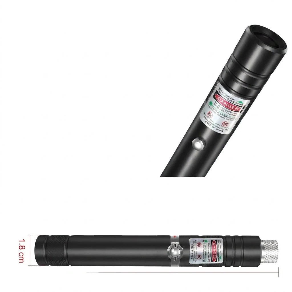 A black USB rechargeable green laser pointer shown from two angles with a dimension label indicating a 1.8 cm diameter.