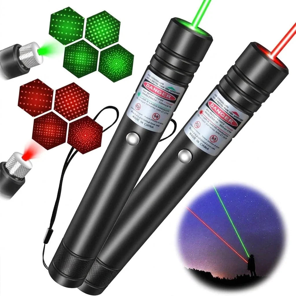 Two laser pointers, one green and one red, shown with starry sky pattern attachments and a silhouette of a person pointing at stars.