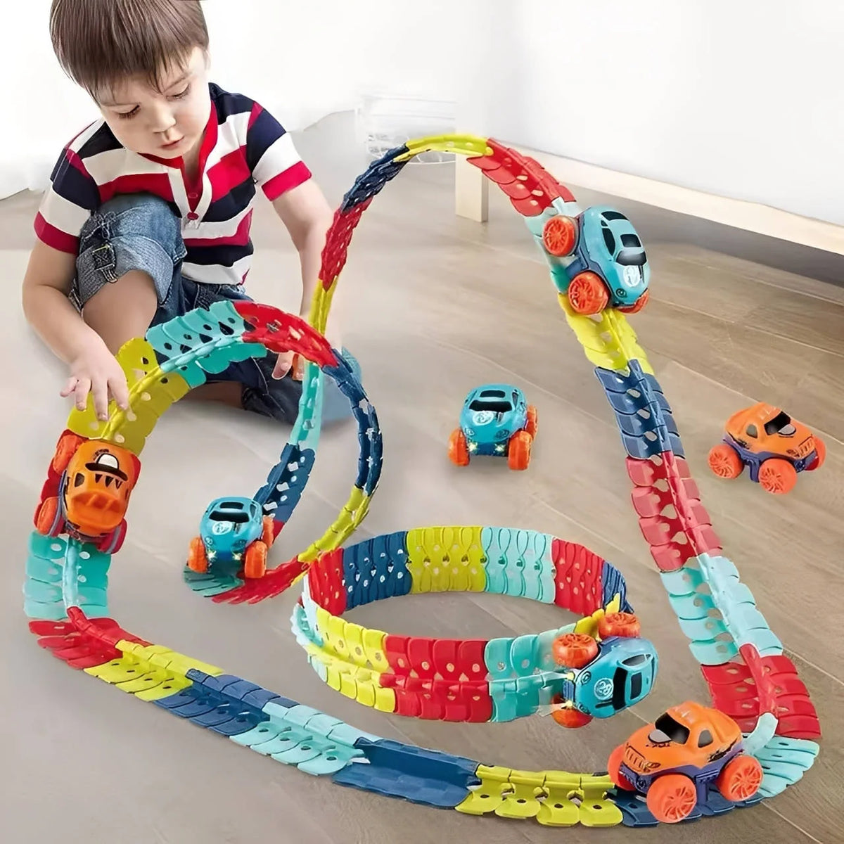 Kids Glow in Dark Race Track with Flexible Pieces – Anti-Tip Cars for Day and Night Play 0