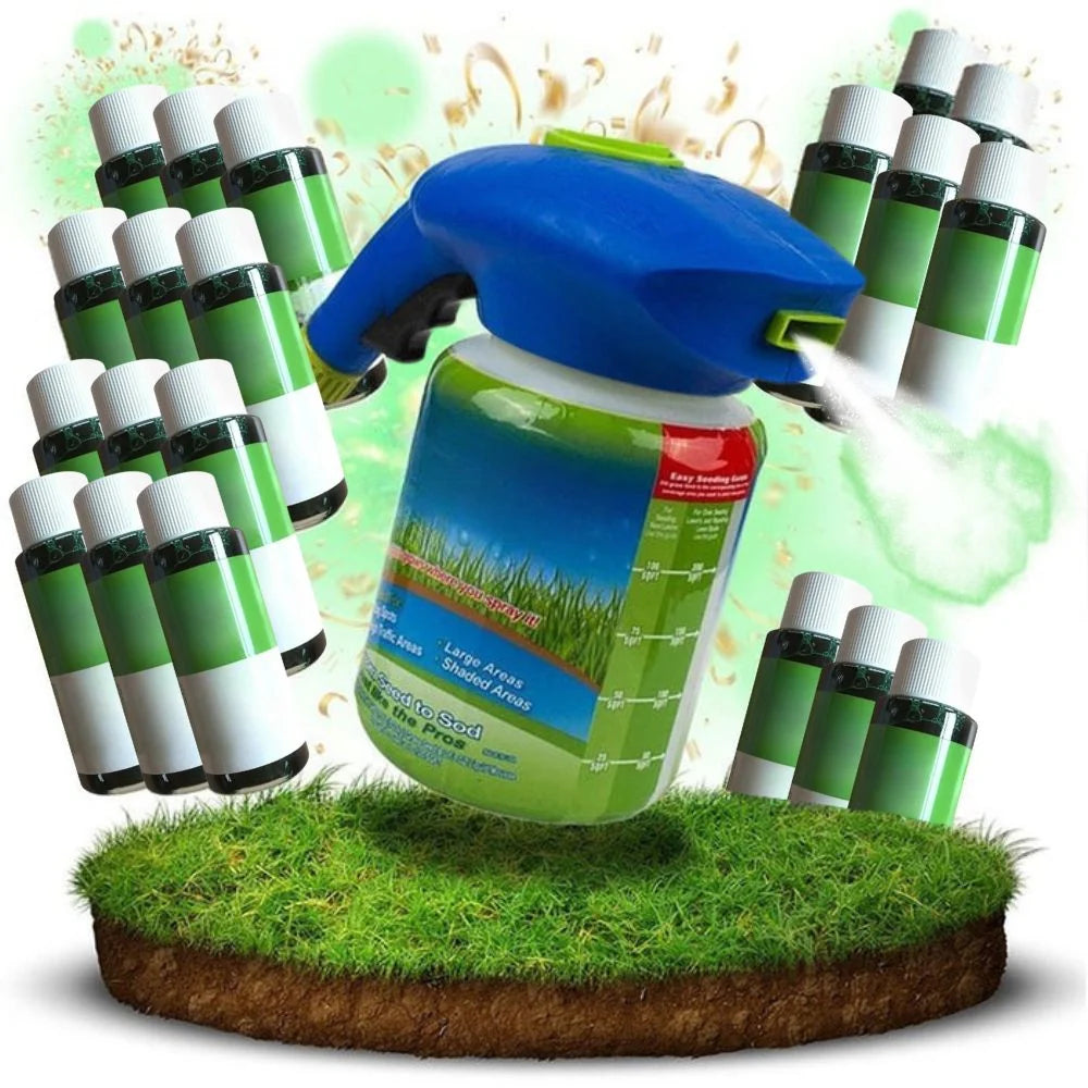 A liquid lawn seed spray bottle surrounded by many small refill bottles, hovering above a patch of green grass.