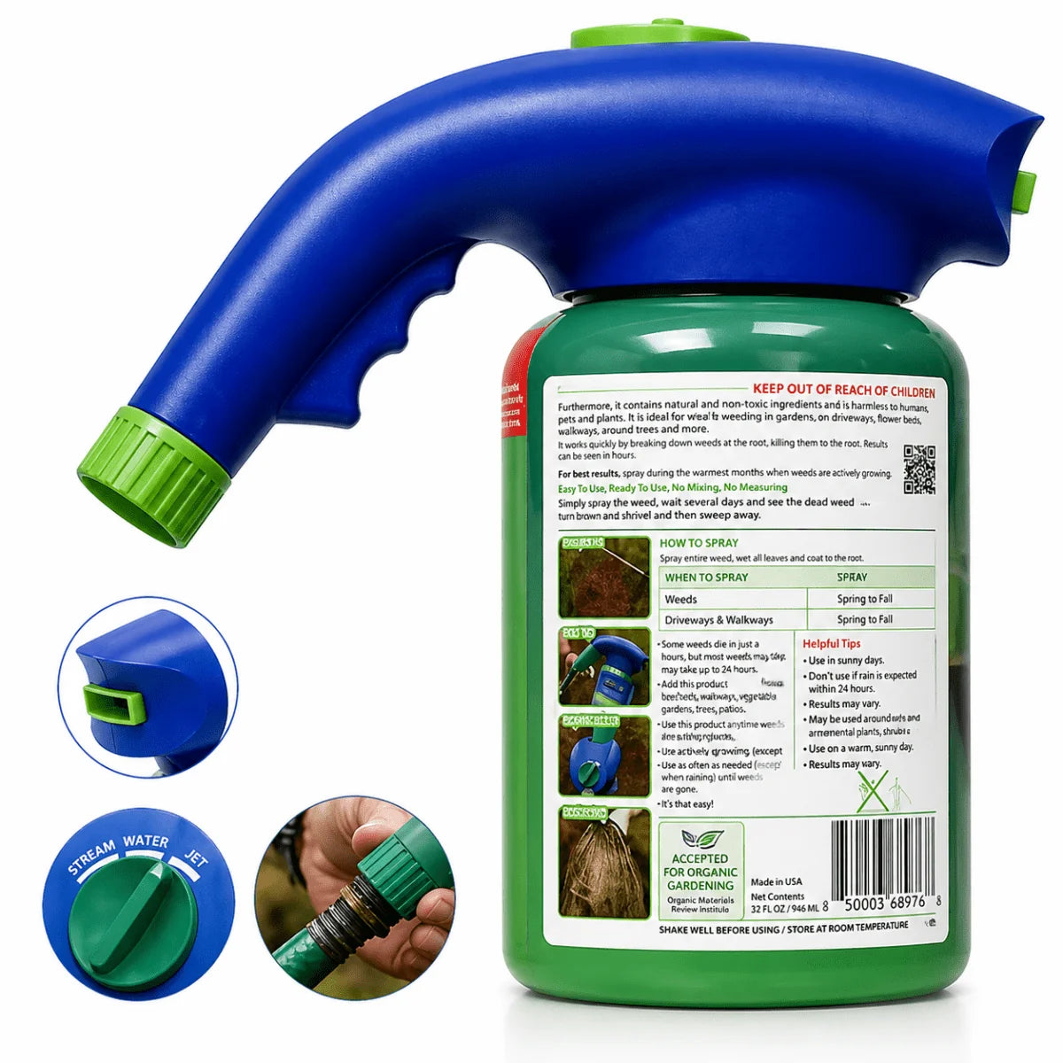 A blue and green weed killer spray bottle with a hose attachment, featuring instructions and a nozzle setting dial.