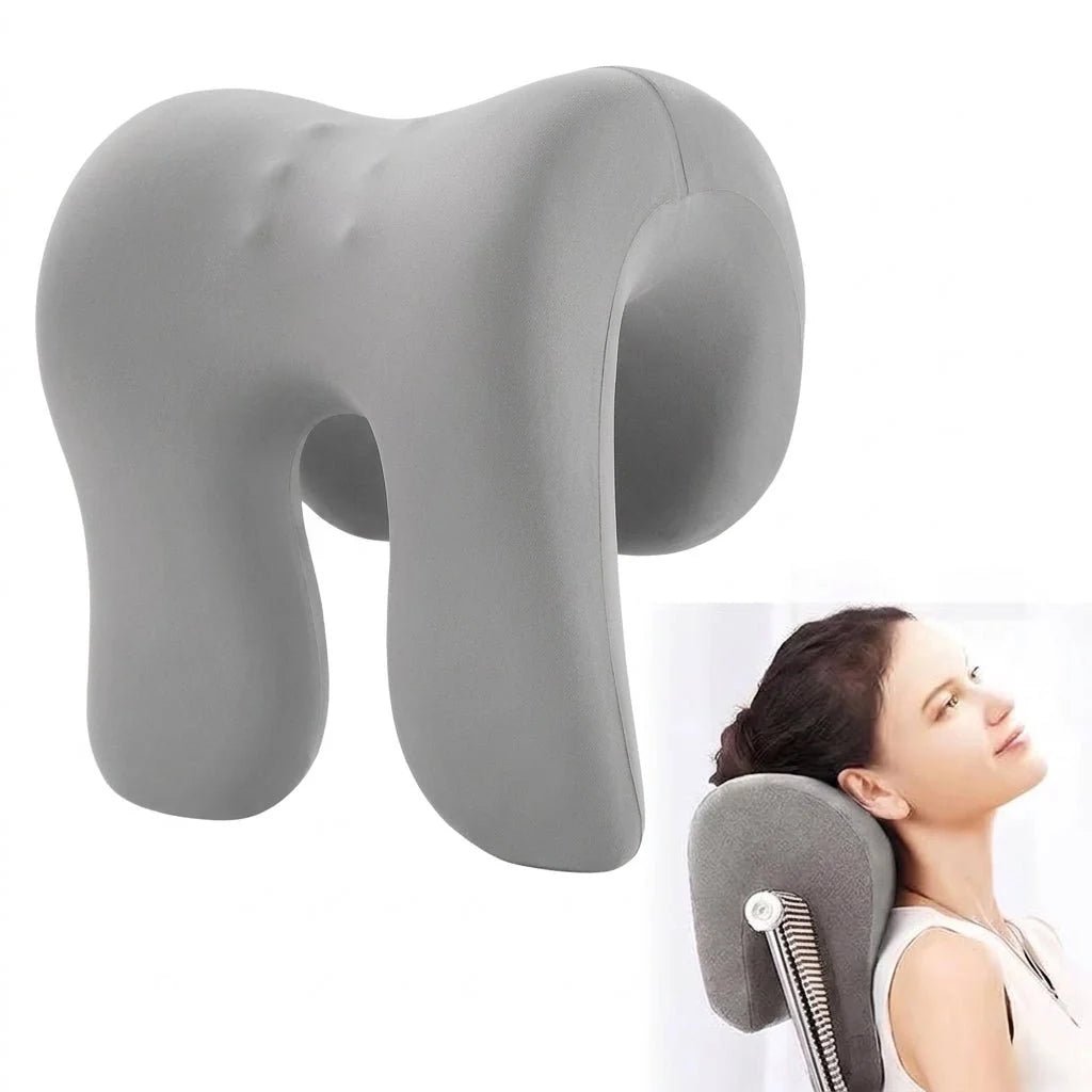 A grey ergonomic memory foam neck support pillow with massage points, shown standalone and attached to an office chair.