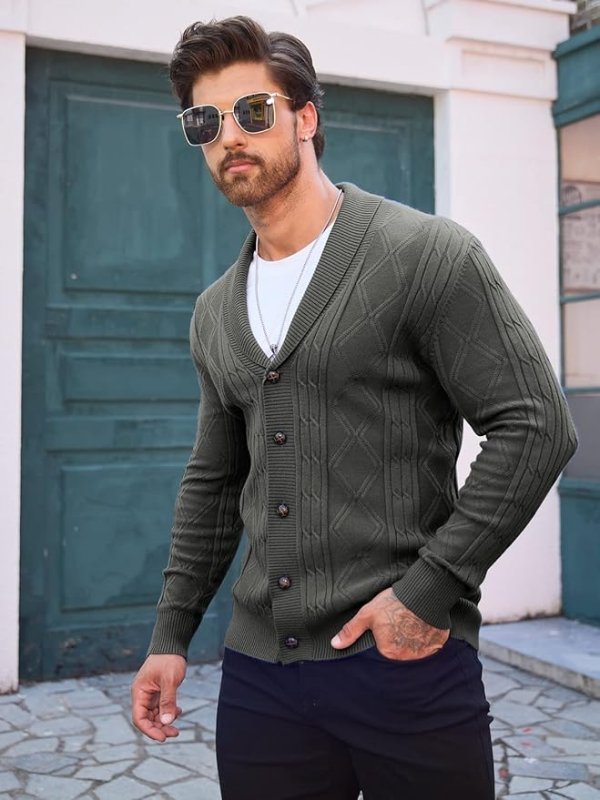 Men's Cable Knit Cardigan – Shawl Collar V-Neck Sweater for Smart-Casual Wear 1
