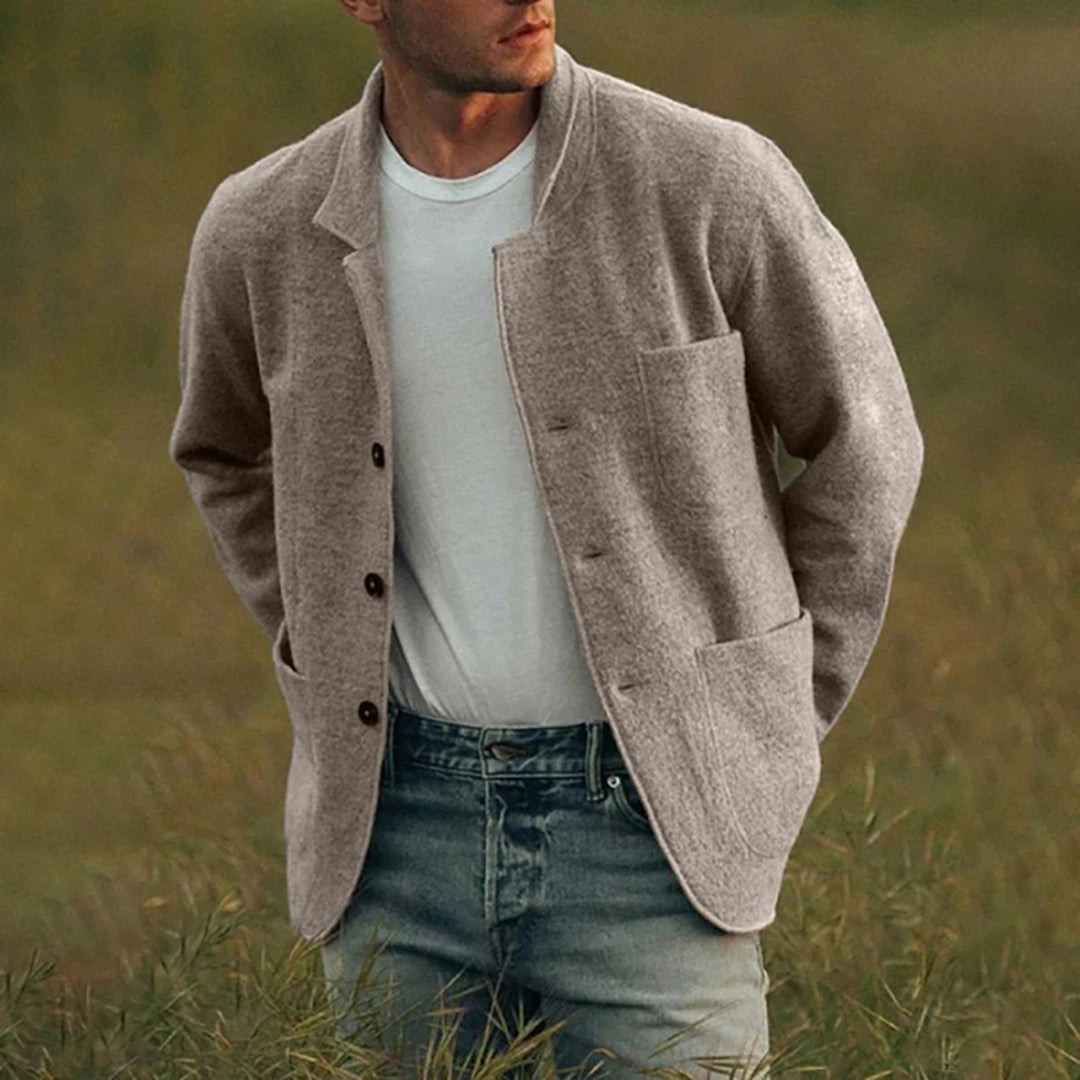 Men's Cardigan with Notched Lapel – Button-Up Casual Layer with Patch Pockets for Spring 0