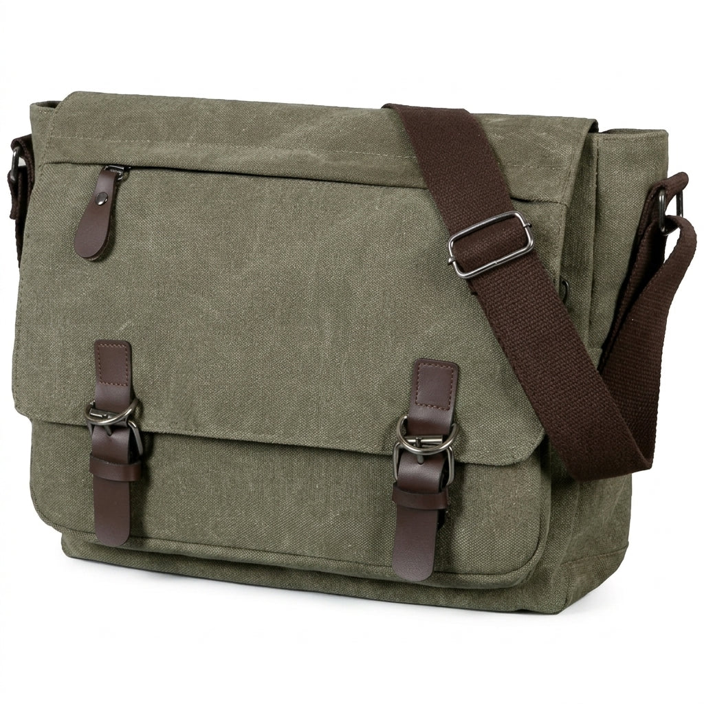 A sturdy olive green canvas messenger bag with brown leather-look straps and buckles, featuring an adjustable shoulder strap.