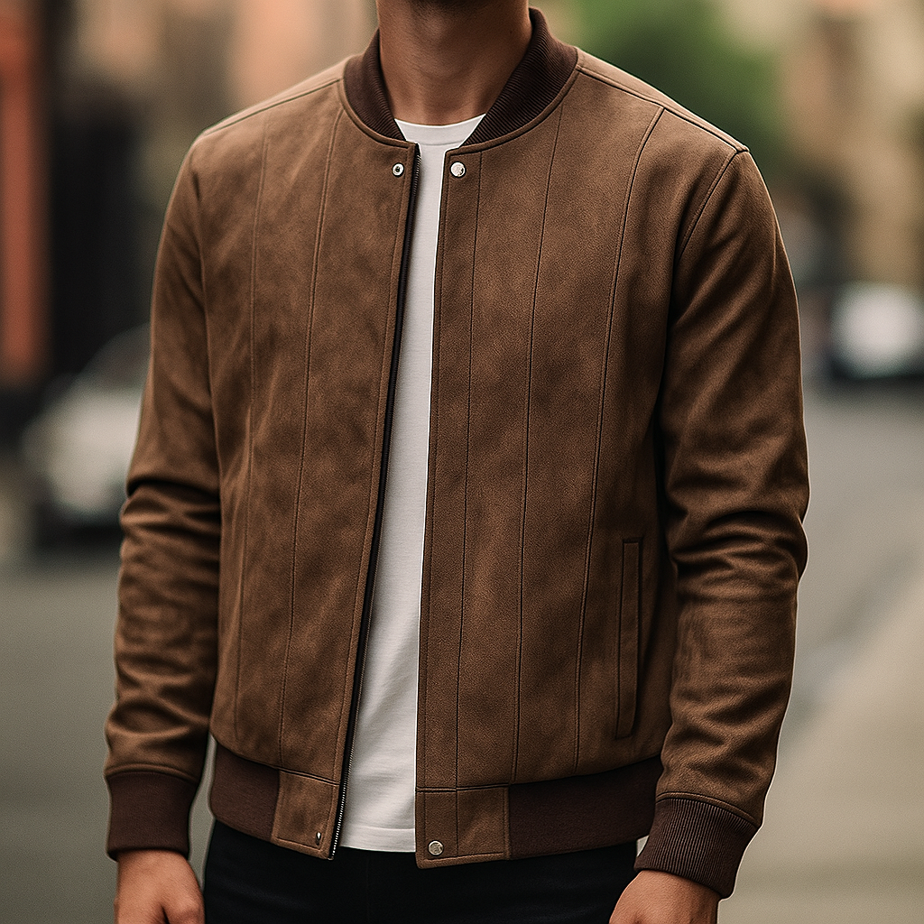 Men's Suede Bomber Jacket – Ribbed Collar, Vertical Panel Seaming for Smart-Casual Wear 0