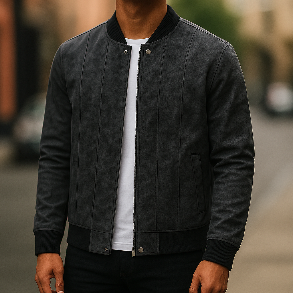 Men's Suede Bomber Jacket – Ribbed Collar, Vertical Panel Seaming for Smart-Casual Wear 3