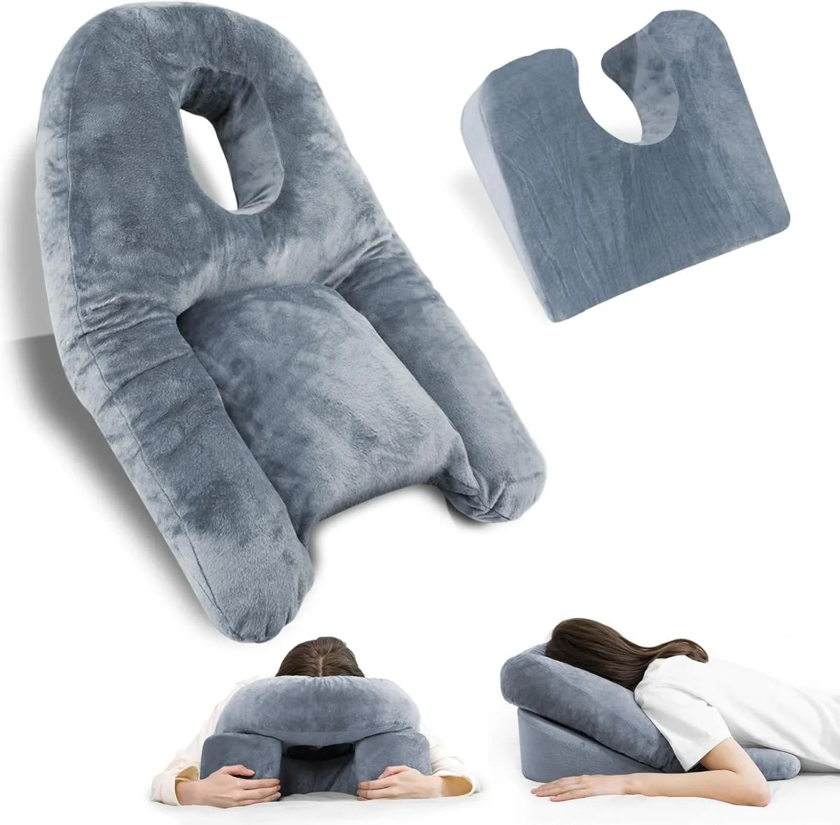 A grey memory foam stomach pillow designed for face-down recovery, shown from multiple angles with a person using it.