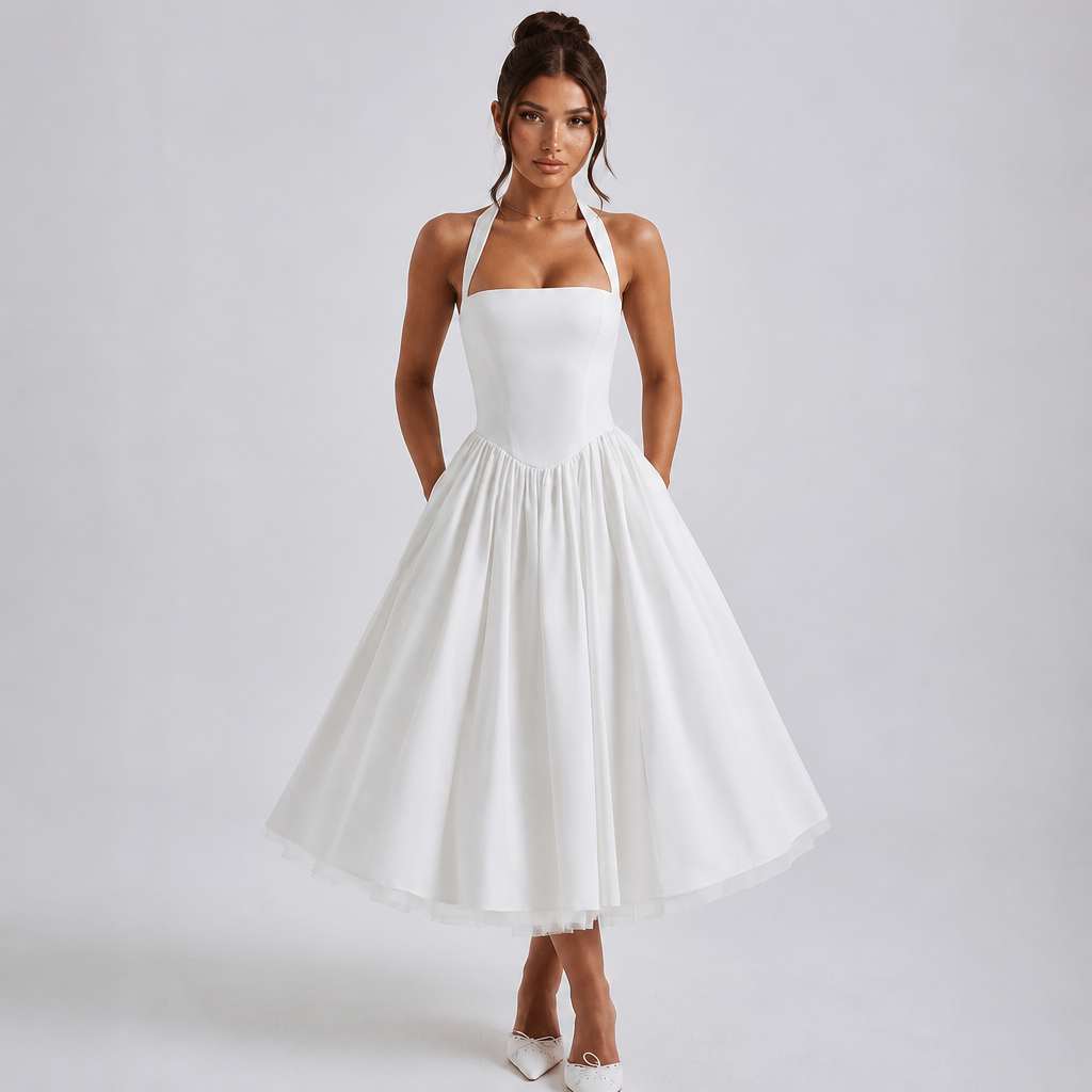 White Midi Dress – Halter Neckline, Structured Bodice for Summer Formal Events