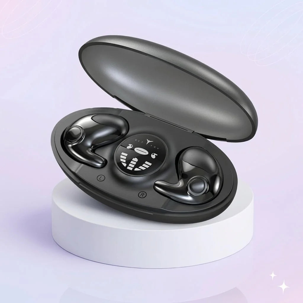 Black wireless earbuds in an open charging case with a digital battery display, sitting on a white circular pedestal.