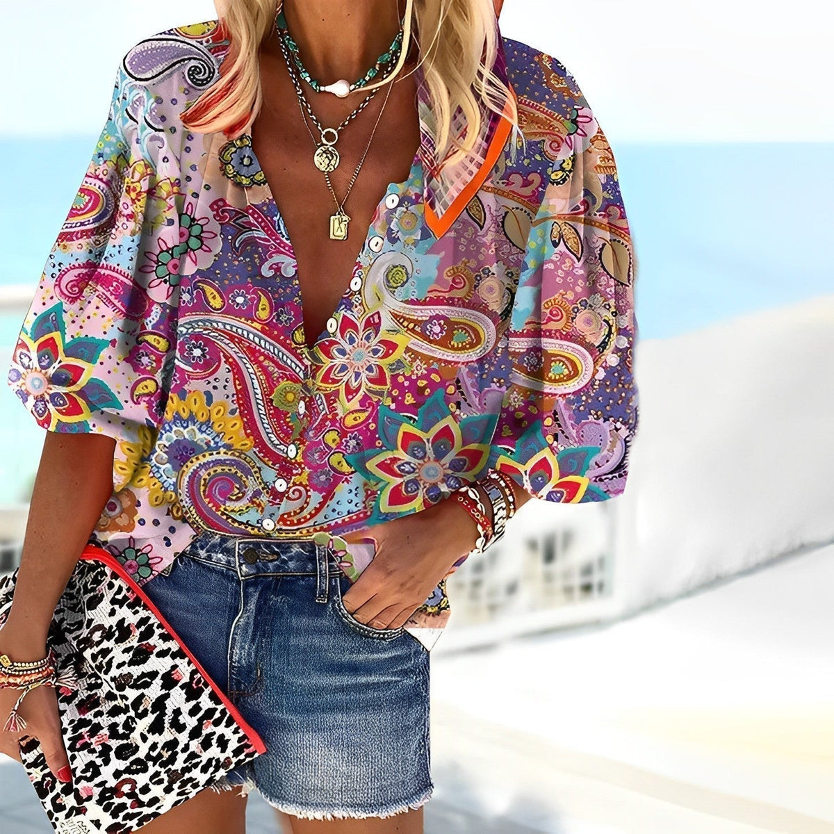 Women's Blouse with 3/4 Sleeves – Oversized Paisley Print for Summer Casual Wear 0