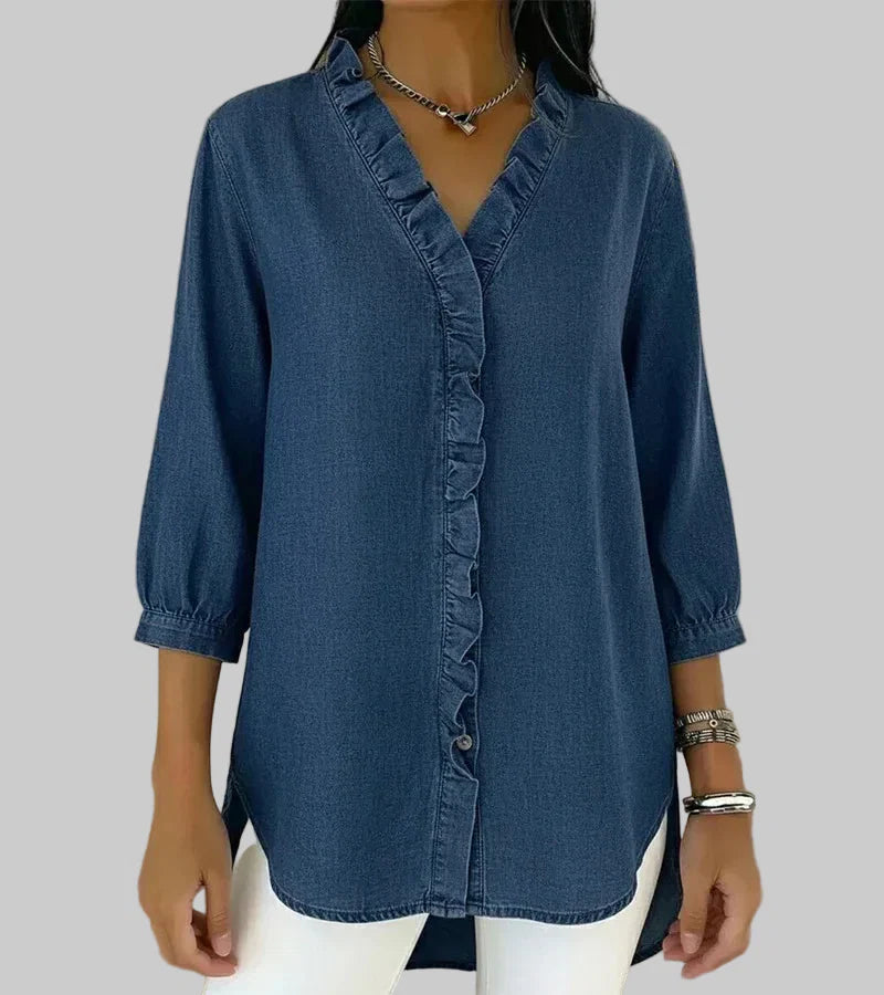 Women's Blouse with Ruffle Detail – V-Neck, 3/4 Sleeves, Relaxed Fit for Casual or Office Wear 0