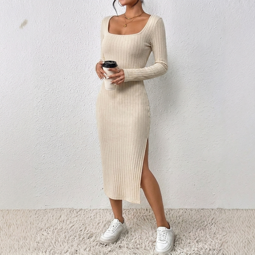 Women's Bodycon Dress with Scoop Neck and High Side Slit – Ribbed Knit for Winter 0