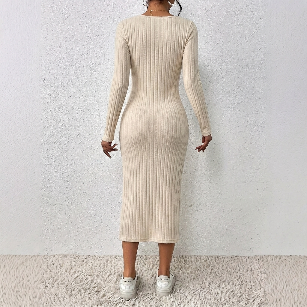 Women's Bodycon Dress with Scoop Neck and High Side Slit – Ribbed Knit for Winter 1