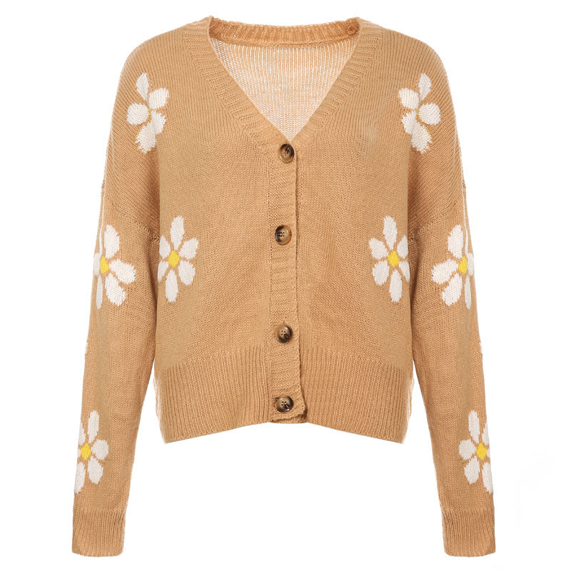 Women's Cropped Cardigan – Button-Up Knit with Floral Pattern for Casual Wear 8