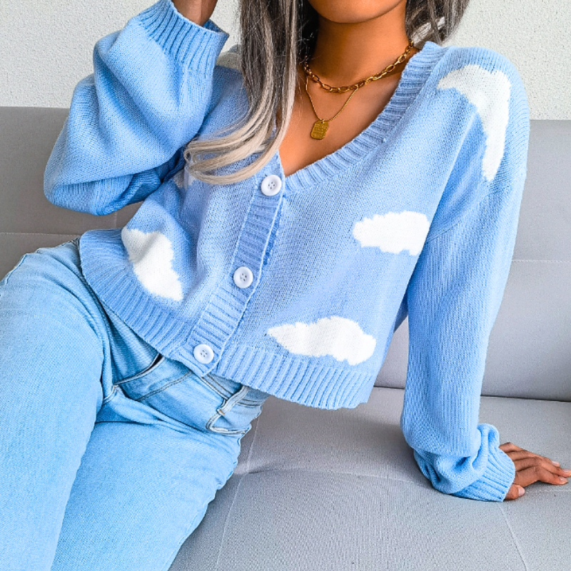 Women's Cropped Cardigan with Cloud Pattern – Button-Up V-Neck for Casual Layering 2