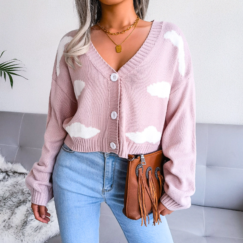 Women's Cropped Cardigan with Cloud Pattern – Button-Up V-Neck for Casual Layering 5