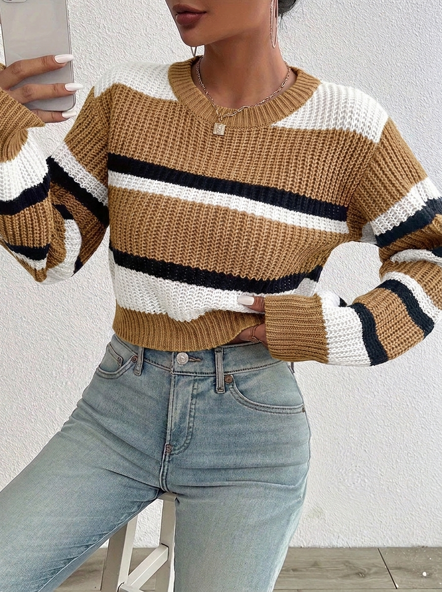 Women's Cropped Jumper – Striped Colour-Block Knit for Casual Weekend Wear 5