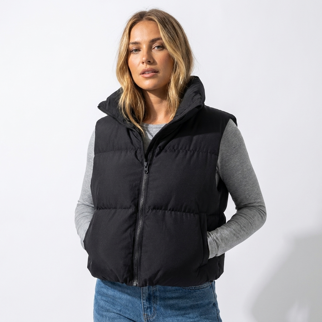 Women's Cropped Puffer Vest with Stand Collar – Boxy Fit for Layering in Winter 1