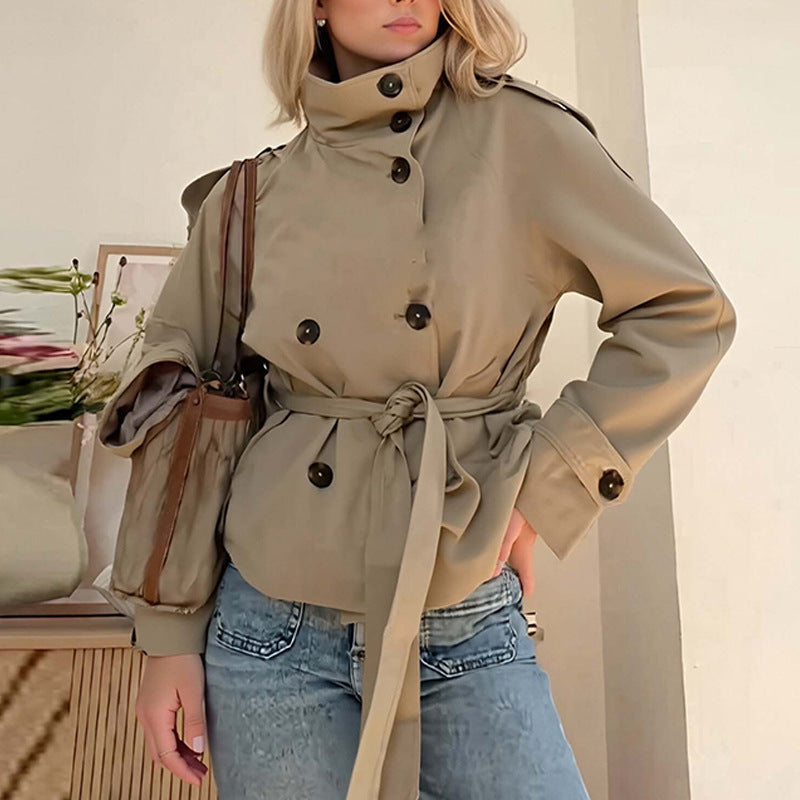 Women's Cropped Trench Coat – Double-Breasted with Belted Waist for Transitional Weather 4