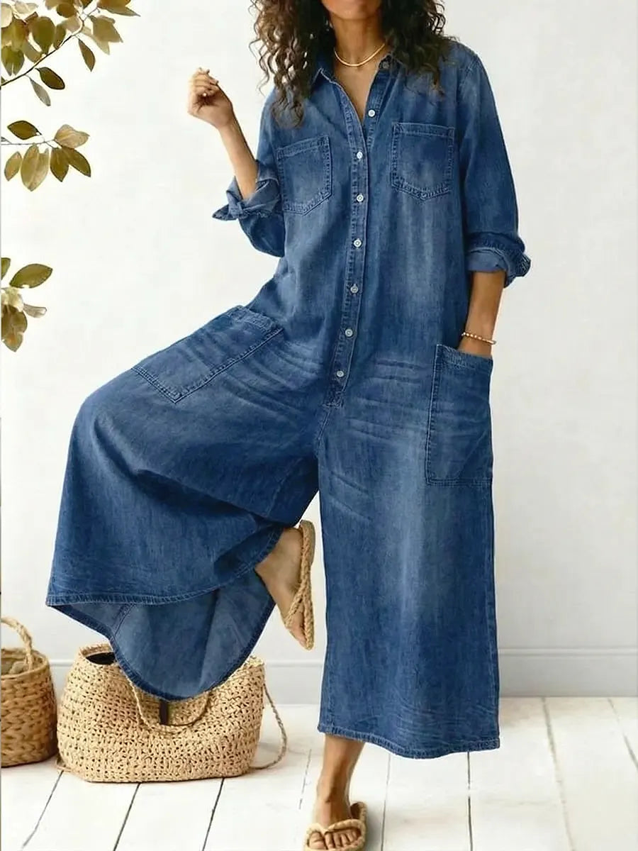 Women's Denim Jumpsuit with Button-Front – Wide-Leg Relaxed Fit for Casual Wear 0