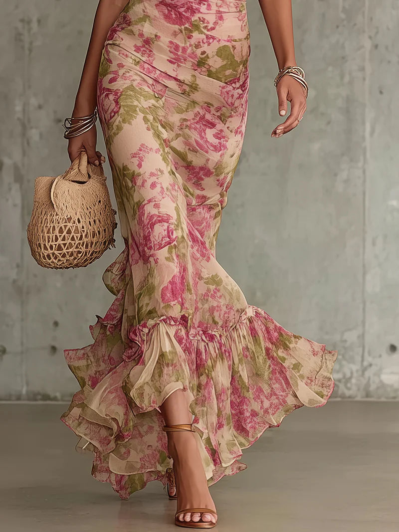 Women's Floral Maxi Dress - Mermaid Cut with Puff Sleeves for Summer Weddings and Events 4