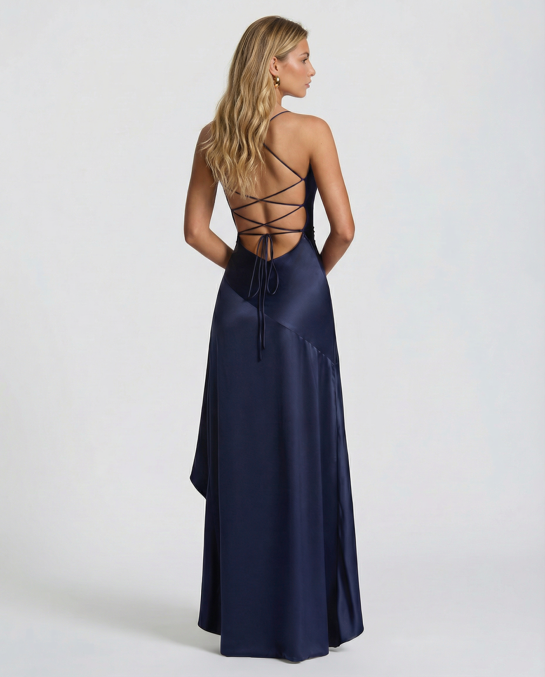 Women's Formal Satin High-Low Maxi Dress with Draped Neckline for Special Occasions 5