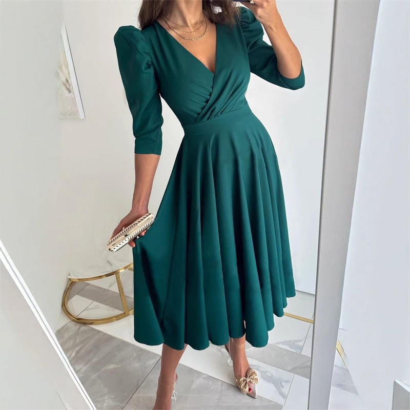 Women's Formal Wrap Midi Dress with Puff Sleeves – Defined Waist for Work and Events 4