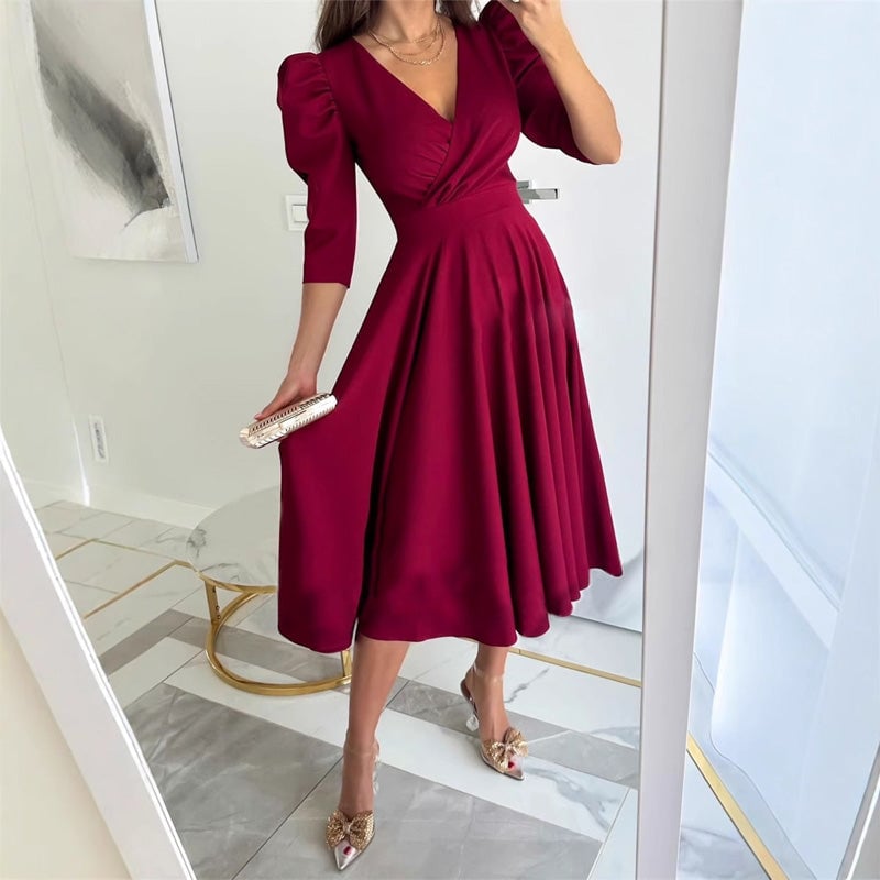 Women's Formal Wrap Midi Dress with Puff Sleeves – Defined Waist for Work and Events 5