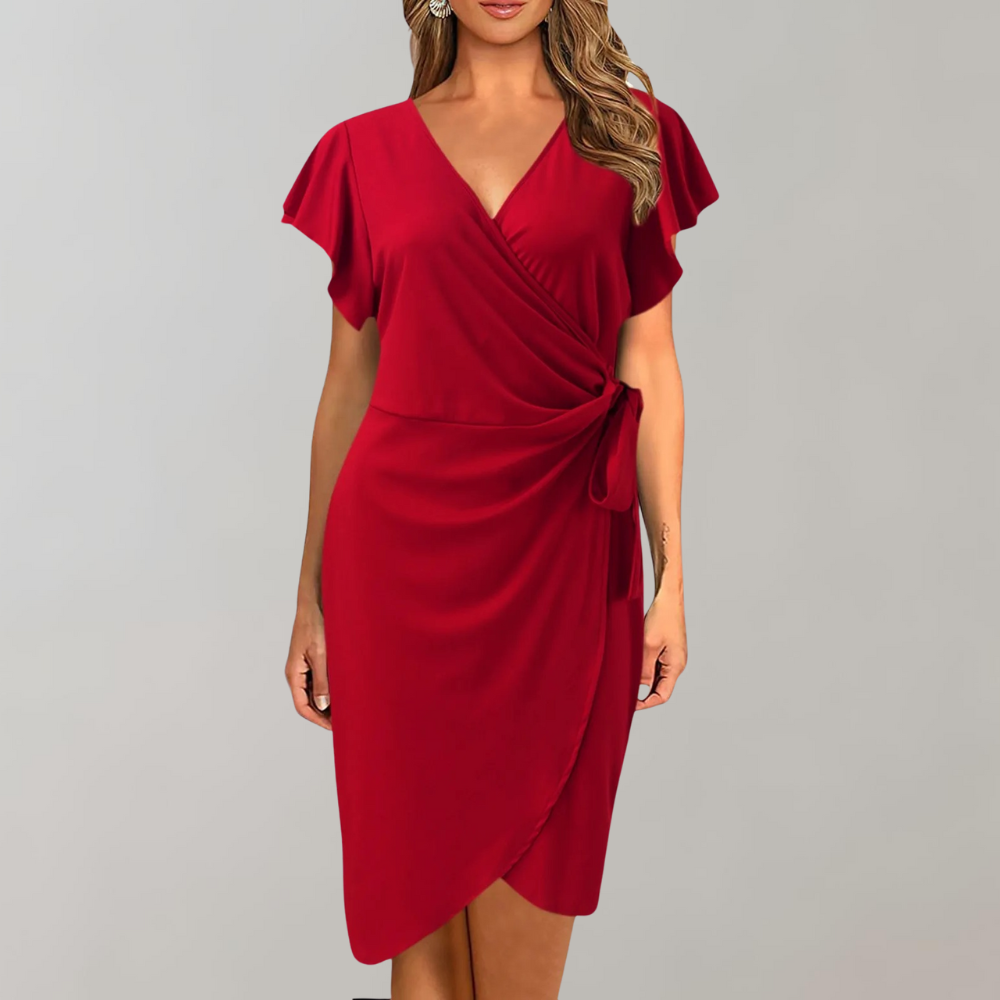 Women's Formal Wrap Midi Dress with Side Tie Waist – Crossover V-Neck and Flutter Sleeves 2