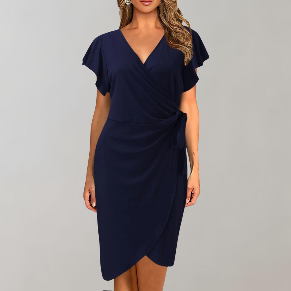 Women's Formal Wrap Midi Dress with Side Tie Waist – Crossover V-Neck and Flutter Sleeves 3
