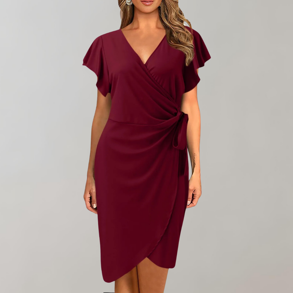 Women's Formal Wrap Midi Dress with Side Tie Waist – Crossover V-Neck and Flutter Sleeves 4