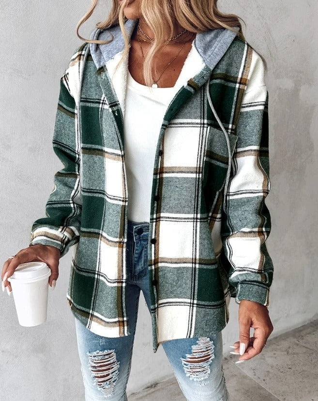 Women's Hooded Plaid Flannel Shacket – Relaxed Oversized Fit for Autumn and Winter 2