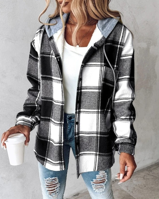 Women's Hooded Plaid Flannel Shacket – Relaxed Oversized Fit for Autumn and Winter 4